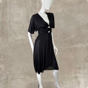 Y2K Niteline Black Draped Cocktail Dress Rhinestone Buckle Flutter Sleeve Size 4